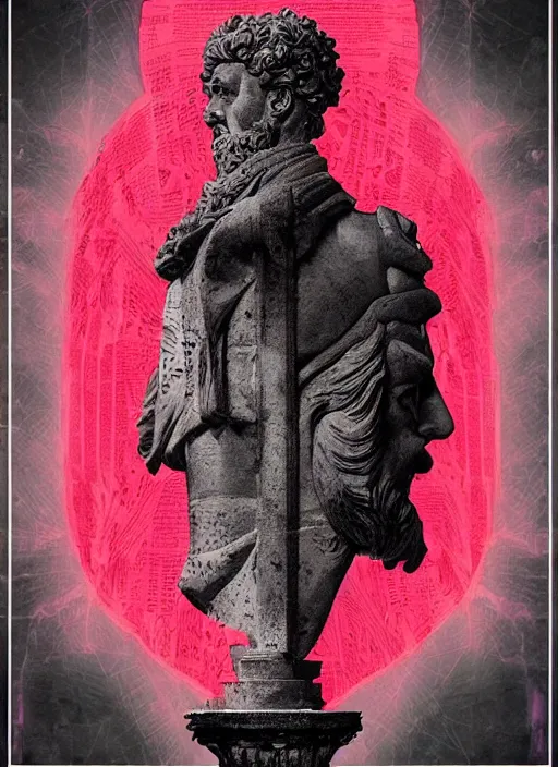 Prompt: design poster showing a statue of marcus aurelius, black background with very subtle red and purple design elements, powerful, nekro, guido crepax, graphic design, collage art, thin lines, dark, glitch art, neo vaporwave, gritty, layout frame, square, trending on artstation