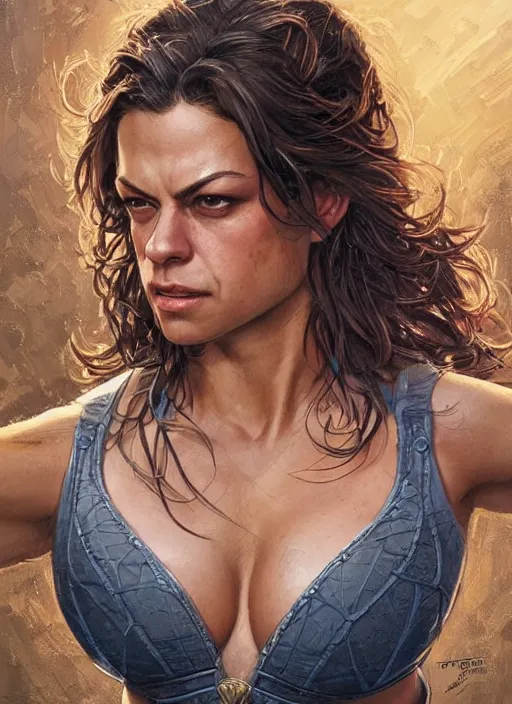 Image similar to muscled Mila Kunis grinning as a ruggedly handsome heroine, intricate, elegant, highly detailed, centered, artstation, concept art, smooth, sharp focus, illustration, bokeh art by artgerm and donato giancola and Joseph Christian Leyendecker, WLOP