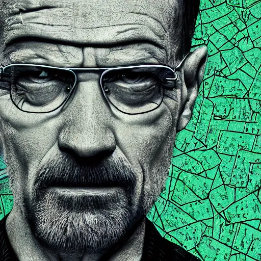 Prompt: close up still of walter white seeing the matrix code, highly detailed face, highly detailed skin, award winning scene, photography, photo, beautiful glitching green matrix code, symmetrical