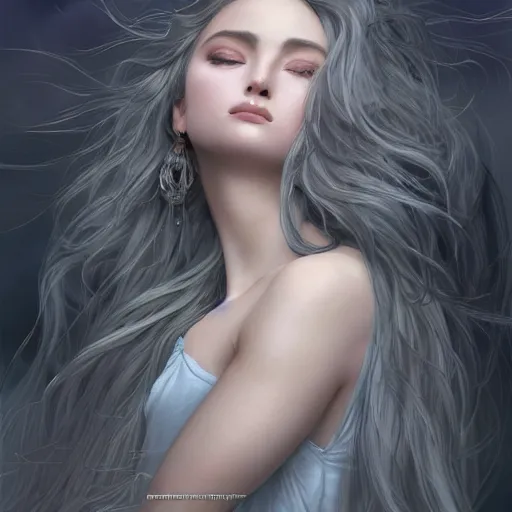 Image similar to epic portrait moon goddess, beauty, pretty face, glossy skin, long gray flowing hair, blurry backround pyramids, digital painting, artstation, concept art, soft light, hdri, smooth, sharp focus, illustration, fantasy, intricate, elegant, highly detailed, D&D, matte painting, in the style of Greg Rutkowski and Alphonse Mucha and artemisia, 8k, highly detailed, jurgens, rutkowski, bouguereau, pastoral, rustic, georgic