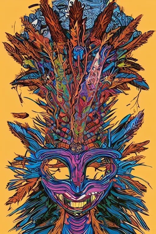 Image similar to animal mask totem roots flower tribal feather gemstone plant wood rock shaman vodoo video game vector cutout illustration vivid multicolor borderlands comics by josan gonzales and dan mumford radiating a glowing aura