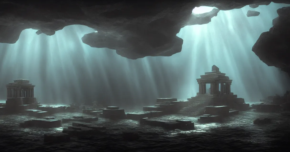 Image similar to wide shot, submerged pre - incan temple, carvings, dark, grenada underwater sculpture park, bubbles, abyss, stylized, anime style mixed with fujifilm, detailed gouache paintings, crepuscular rays, dark, murky, foggy, atmospheric, artstation, cgsociety, octane render, cgi, unreal engine 5, denoise, cinematic masterpiece