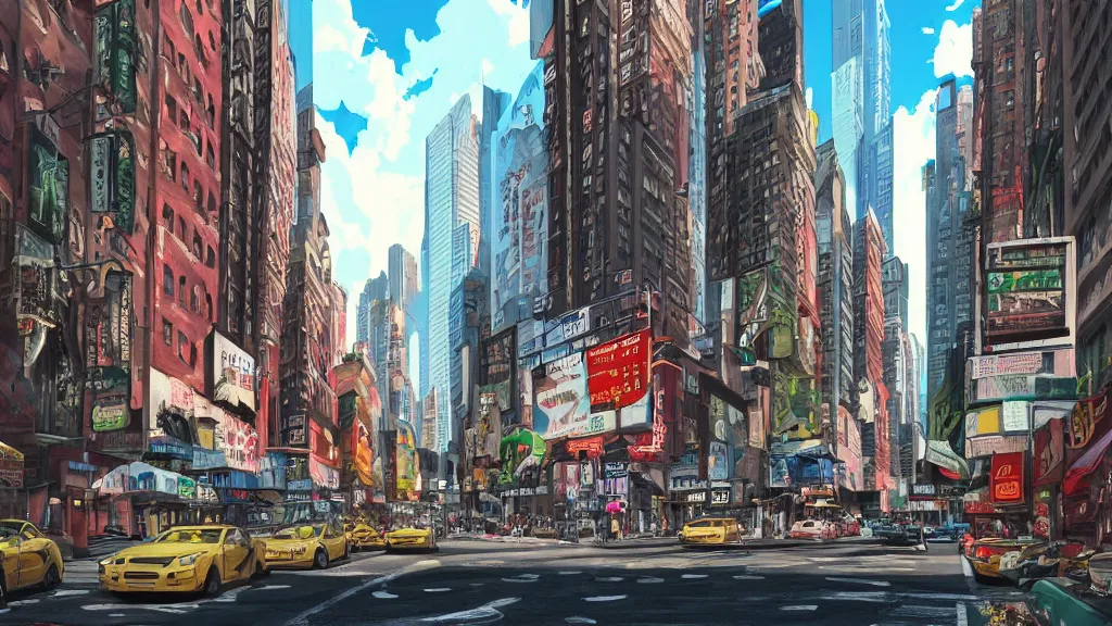 Prompt: new york city scenery, studio ghibli style art, dynamic lighting, cinematic, vibrant, clean, ultra detailed, sharp, detailed environment, 8 k hdr