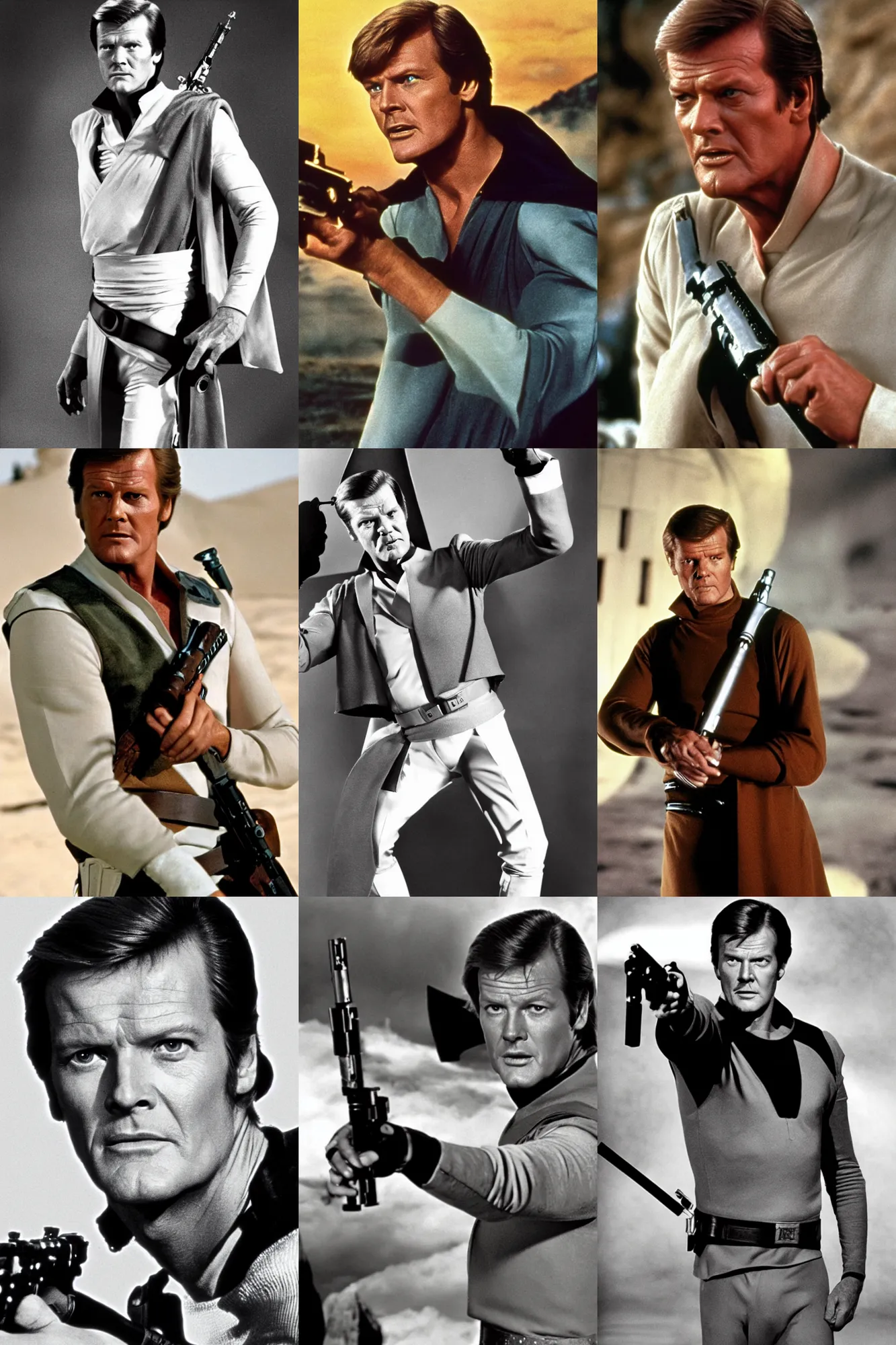 Prompt: roger moore as luke skywalker