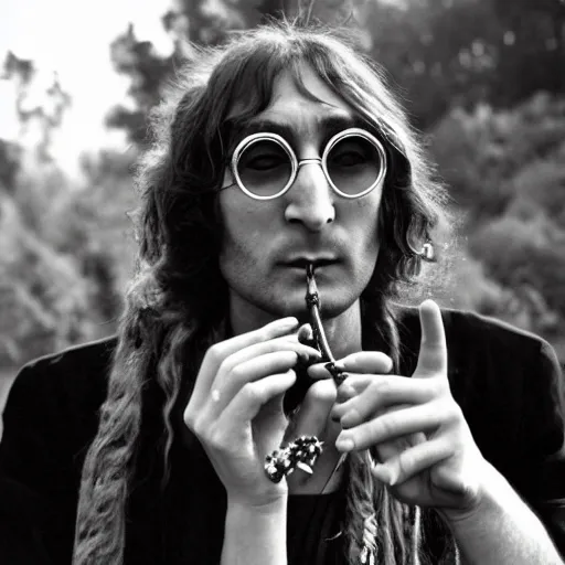 Image similar to a mystical hippy meditating, john lennon spectacles on, deep hippy vibe, smoke and hooka pipe, weed