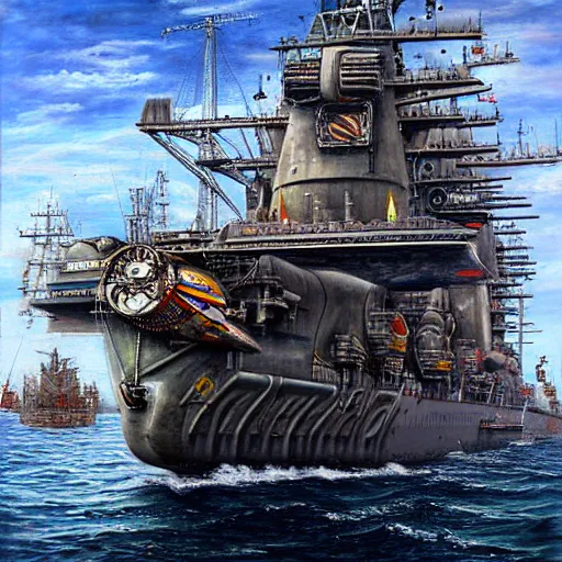 Image similar to giant warship and planes, diesel punk, realistic and detailed painting, by paul roman martinez