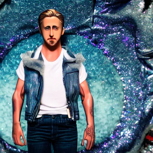 Image similar to Ryan Gosling with silver-violet hair, white eyes inflated press and denim glittery vest, wide lens, diorama, 4k,