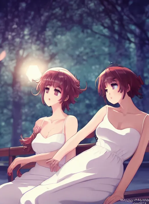 Prompt: two beautiful mothers sitting on a hot summer evening, white dress, gorgeous faces, thick lines, cinematic lighting, detailed anime art,