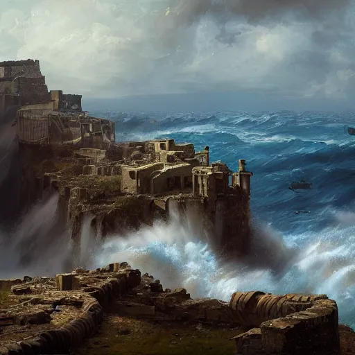 Image similar to Panorama view of a hurricane carrying ruined pieces from an ancient castle into the sky, flying island, oil painting, by Greg Rutkowski