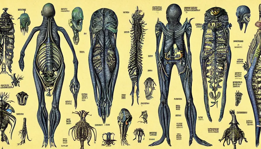 Image similar to illustrations from an alien anatomy textbook, infographics, highly detailed, intricate,