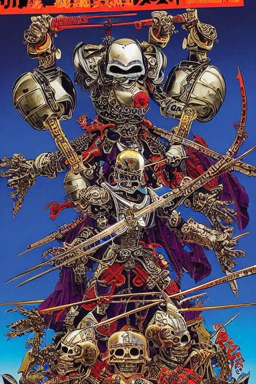 Prompt: magazine cover of crazy roborts skeletor warrior with the tang dynasty of china armor and helmet, by yoichi hatakenaka, masamune shirow, josan gonzales and dan mumford, ayami kojima, takato yamamoto, barclay shaw, karol bak, yukito kishiro