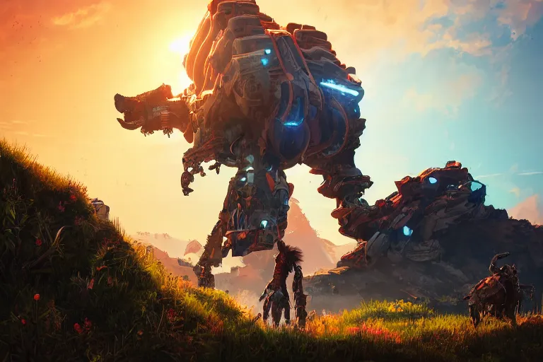 Image similar to burrower machine mecanical creature robot of horizon forbidden west horizon zero dawn radiating a glowing aura global illumination ray tracing hdr fanart arstation by ian pesty and alena aenami artworks in 4 k