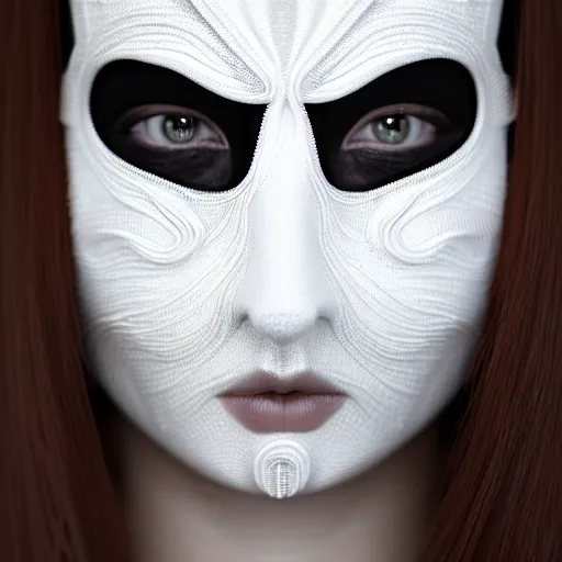 Image similar to ultra detailed woman wearing a white mask with black wires on her head, featured on behance, net art, made of wire, 1 0 mm lens, elegant, hyper realistic, ultra detailed, hyper realistic vfx simulation, volumetric lighting, 8 k post - production