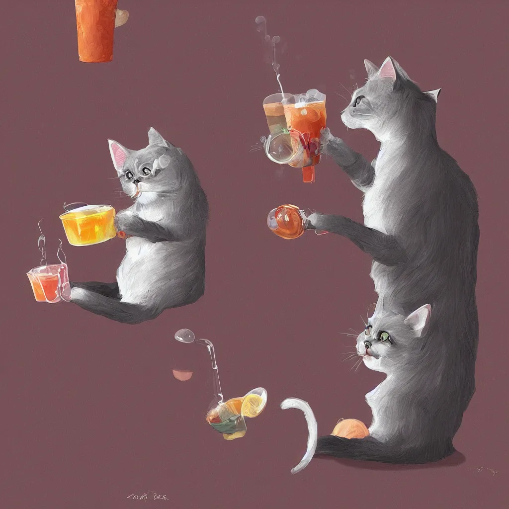 Prompt: a cat drinking a bubble tea, tom cross digital art