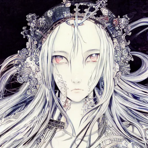 Image similar to yoshitaka amano blurred and dreamy illustration of an anime girl with black eyes, wavy white hair fluttering in the wind wearing elden ring armor and crown with engraving, abstract black and white patterns on the background, noisy film grain effect, highly detailed, renaissance oil painting, weird portrait angle, blurred lost edges, three quarter angle