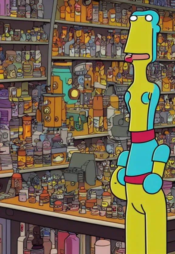 Prompt: a character from the show futurama in a shop, looking at camera, extremely detailed, sci - fi illustration, art by matt groening, futurama animation artstyle