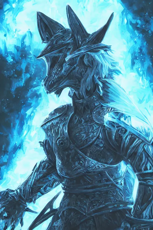 Image similar to anthropomorphic Azure wolf knight, DnD character art portrait, fantasy battleground, raining, blue flame, oil painting, heroic pose, magic the gathering artwork, D&D, fantasy, cinematic lighting, centered, symmetrical, highly detailed, digital painting, artstation, concept art, chromatic aberration, post processing, smooth, sharp focus, illustration, volumetric lighting, epic Composition, 8k, art, DeviantArt, trending on Artstation, Jason Felix, Steve Argyle, Tyler Jacobson, Peter Mohrbacher, Akihiko Yoshida, Greg Rutkowski, Craig Mullins, Frank Frazetta, cinematic lighting