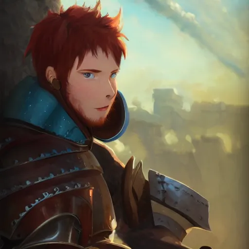 Prompt: portrait of a young redheaded man with blue eyes and wearing a armor, medieval background, highly detailed, digital painting, artstation, matte, by makoto shinkai, animation style, studio ghibli, anime key visual