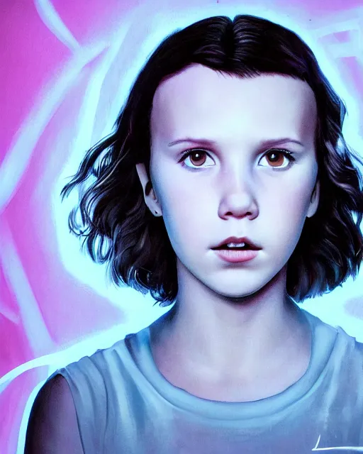 Image similar to Poster Portrait of Millie Bobby Brown with electric eyes, dramatic lighting