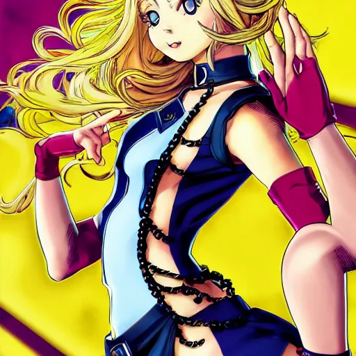 Image similar to blonde girl smiling, JoJo cover art, style of Vento Aureo cover art, style of Stone Ocean cover art, style of Steel Ball Run cover art, style of JoJolion cover art, illustrated by Hirohiko Araki