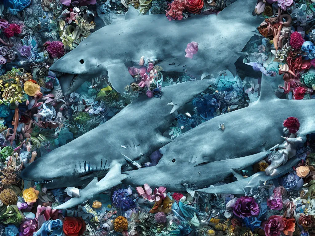 Image similar to a sculpture of ocean shark intertwined, a lovely cornucopia of flowers and human body parts, body parts, highly detailed, octane render, cinematic