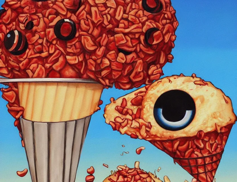 Image similar to a very detailed realistic painting of a lazy red burned tomato with 1 0 googly eyes on a sunny beach eating ice cream in a cone walking away, a sunset by james jean