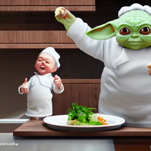 Image similar to hungry chubby babyfat baby yoda as chef wearing white chefs hat and white apron, giving thumbs up next to a plate of food, vegetables, photography, hyperrealism, unreal engine, octane 3 d render, houdini, unity 3 d, highres, adobe premier pro, trending on artstation, trending on deviantart, thisistheway