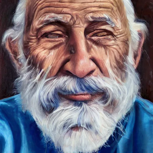 Image similar to realistic portrait painting of a wizened wrinkled old bearded fisherman, centered composition, identical gazing eyes, oil on canvas