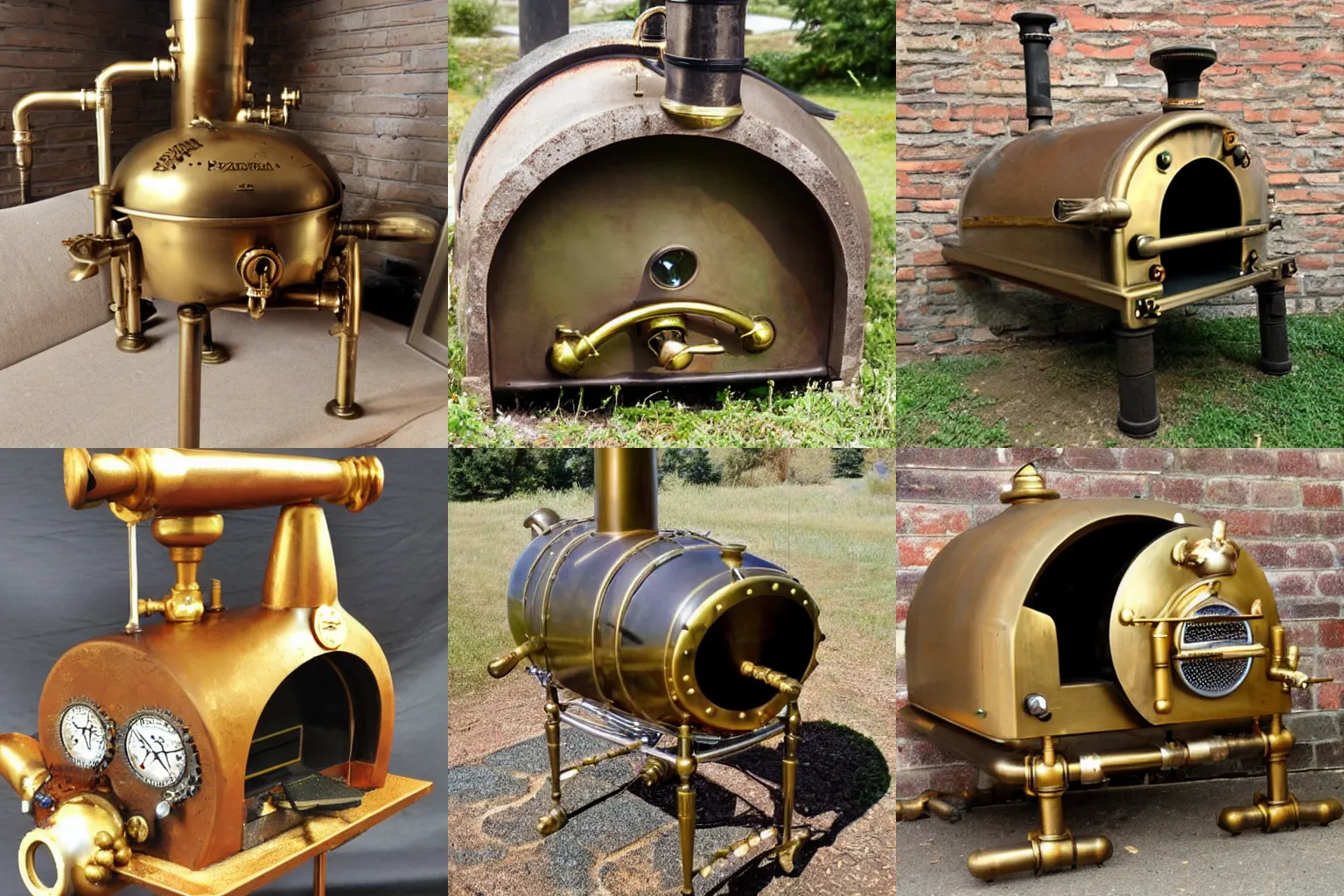 Prompt: steampunk pizza oven, brass, pipes