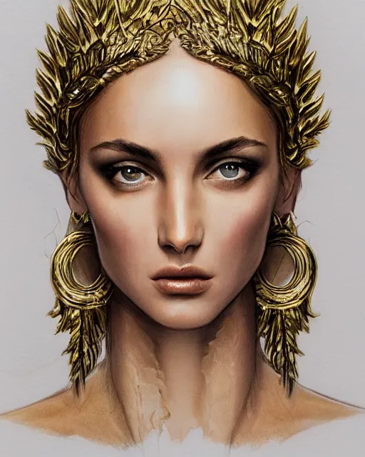 Image similar to front view of beautiful super model aphrodite greek goddess wearing a gold laurel wreath and triangle earrings, realism tattoo sketch, beautiful piercing eyes with sharp pupils, beautiful blonde hair, in the style of greg rutkowski, fantasy, amazing detail, epic, elegant, smooth, sharp focus