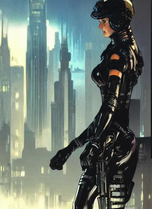 Image similar to Selina. USN special forces operator looking at city skyline. Agent wearing Futuristic stealth suit. rb6s Concept art by James Gurney, Alphonso Mucha.