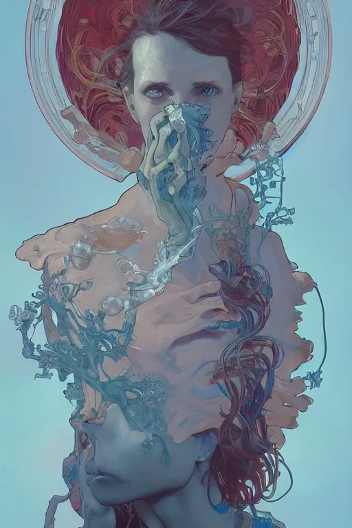 Prompt: portrait of crazy lady scientist, biology, flesh, chemistry, illustration by silvio camboni, alphonse mucha, feng zhu, yoshitaka amano, katsuhiro otomo, victo ngai, brom, jeffrey catherine jones pose, concept art, octane, unreal 5, artstation