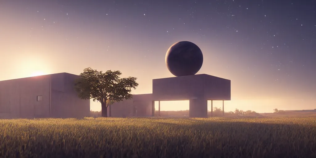 Image similar to a serene landscape with a singular building at sunrise with a big jupiter appearing in the sky, digital art, concept art, octane render, unreal engine 5, hyperrealistic, highly detailed, high quality, 4K, low contrast, soft lighting, path tracing, complementary colors, natural lighting, geometric