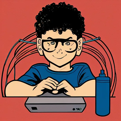 Image similar to illustration of a boy connected to his laptop with wires, highly detailed, by butcher billy