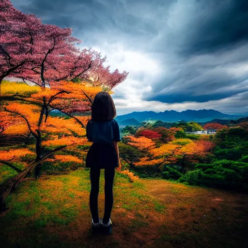 Image similar to a beautiful photograph of a girl with japan landscape in the background with trees, hdr, 8 k, high quality, sharp focus, artstation, highly detailed, award - winning, dramatic lighting, beautiful clouds, and nature