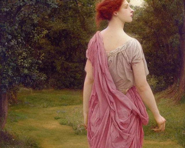 Prompt: beautiful pre - raphaelite painting of woman from the back, alone in a park, trending on artstation,