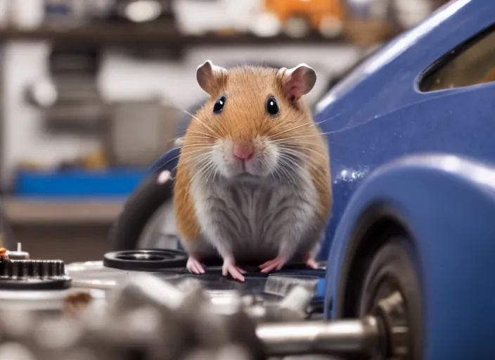 Image similar to film still of a hamster working as a mechanic in an auto shop, 8 k