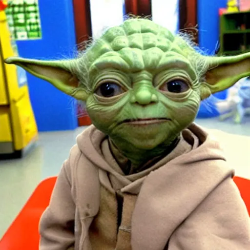 Prompt: a picture of Yoda’s first day of kindergarten. Yoda looking up towards the camera.