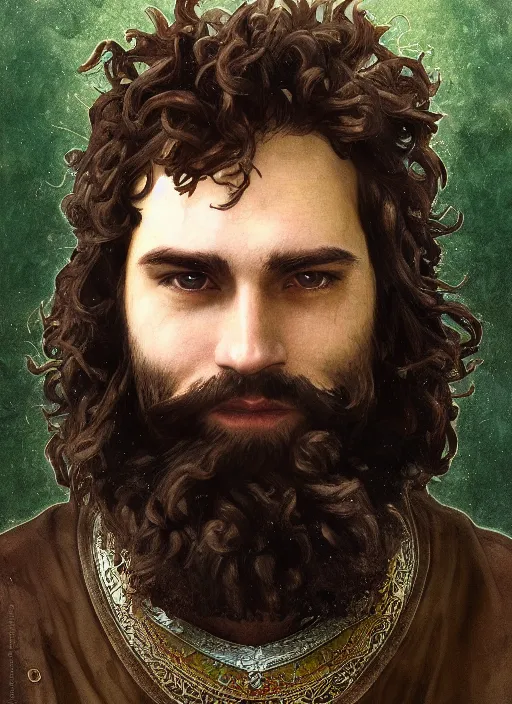 Image similar to medium-length portrait of a male druid with short curly hair and brown eyes, dark brown skin, long beard, happy expression, wears a combination of dark green tunic and boiled leather, medieval setting, highly detailed, digital painting, artstation, concept art, sharp focus, illustration, art by greg rutkowski and alphonse mucha