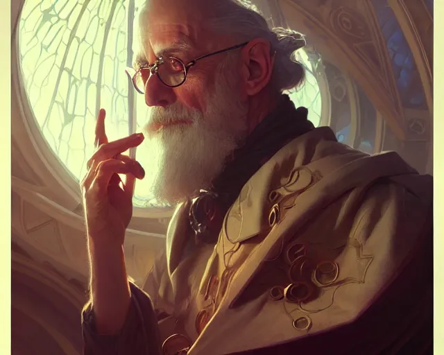 Prompt: old scientist, deep focus, d & d, fantasy, intricate, elegant, highly detailed, digital painting, artstation, concept art, matte, sharp focus, illustration, hearthstone, art by artgerm and greg rutkowski and alphonse mucha