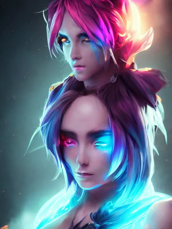 Image similar to portrait art Vi from Arcane, Character from League of Legends, 8k ultra realistic, lens flare, atmosphere, glow, detailed,intricate, full of colour, cinematic lighting, trending on artstation, 4k, hyperrealistic, focused, extreme details, unreal engine 5, cinematic, masterpiece