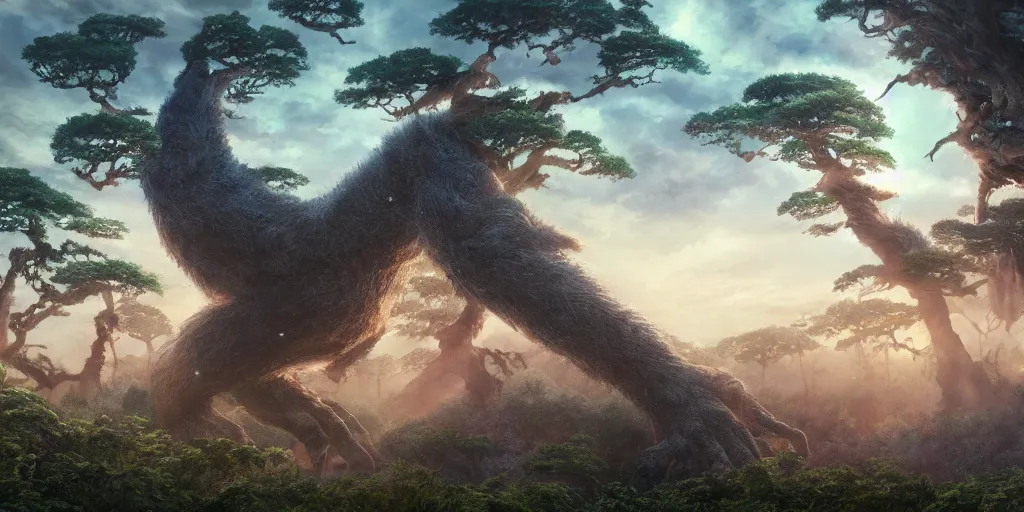 Image similar to giant monster, forest, tree tops, 4 k, artgerm, high detail, dramatic lighting, sunset, hayao miyazaki, masashi ando, nizou yamamoto, kazuo oga, joe hisaishi, yoji takeshige, naoya tanaka