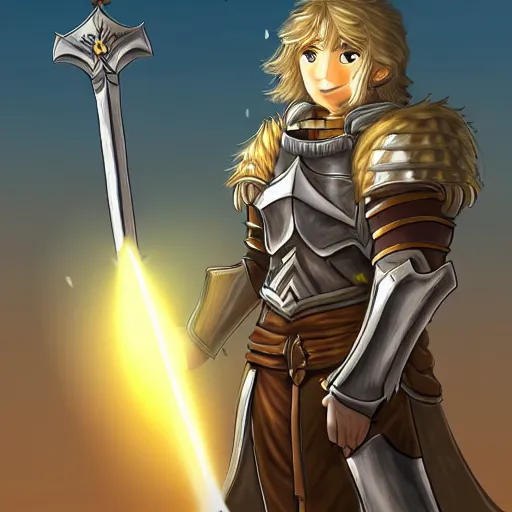 Image similar to A paladin wielding a giant sword surrounded by bright light, by AgusSW