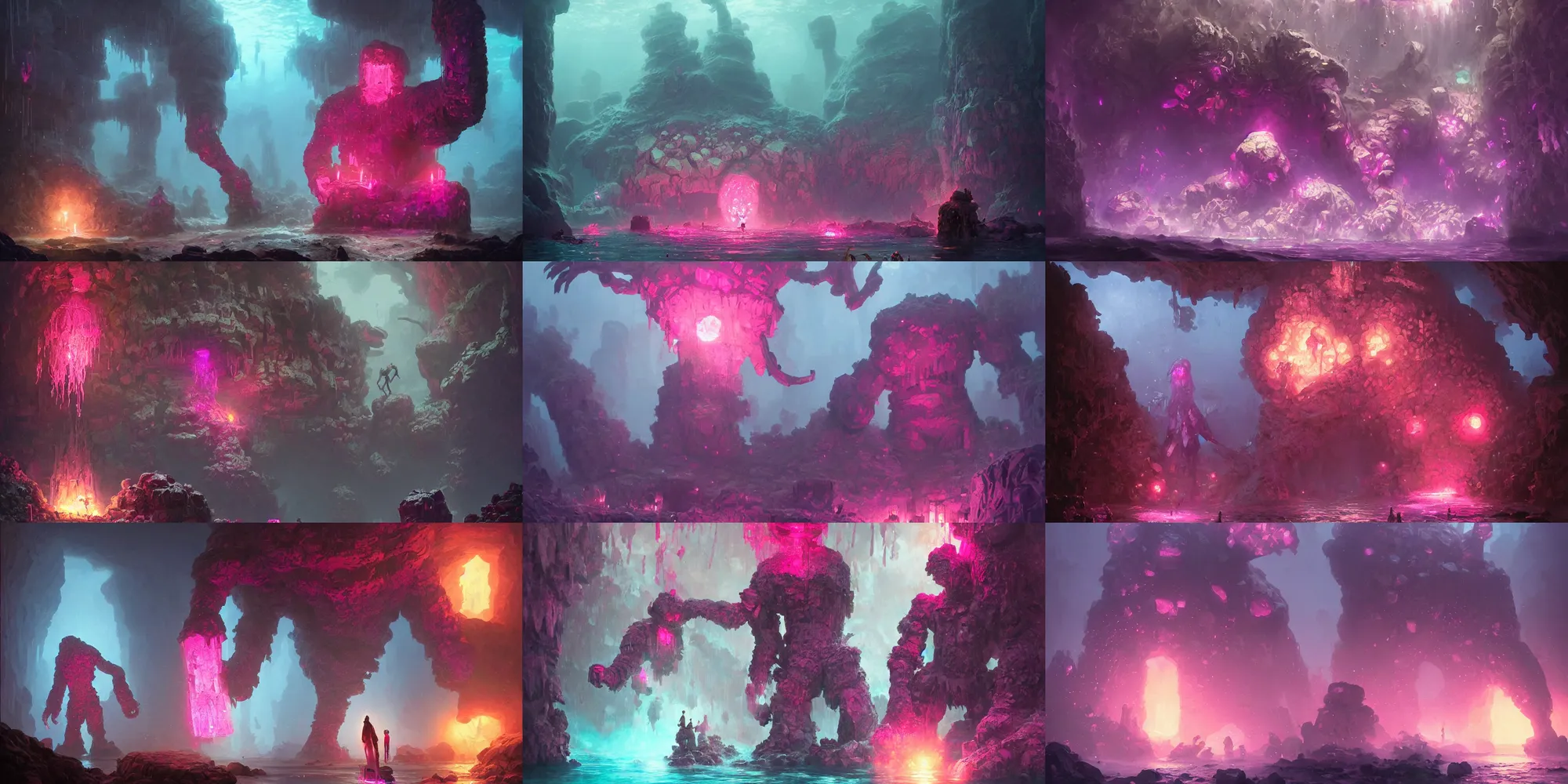 Prompt: giant golem made of crystal, lumbering creature, bright pink purple lights, underwater, watery caverns, d & d, art by greg rutkowski