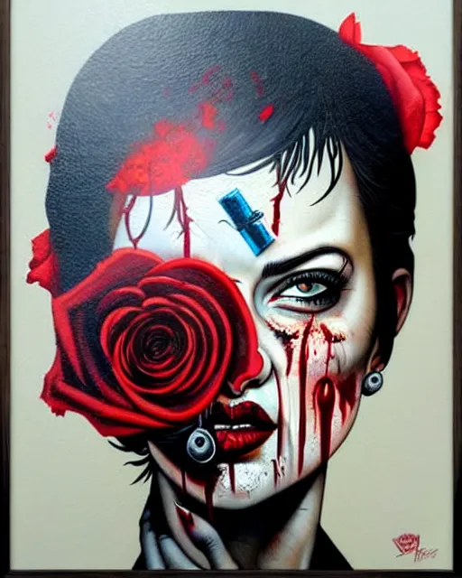 Image similar to horror with blood, rose and a pistol with sea and ocean in the background intricate details by Sandra Chevrier