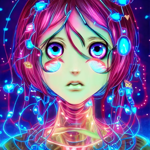 Image similar to anime girl electronic circuitry, with fireflies with a thick mane of bioluminescent vines and flowers by chris dyer and alex grey street art, trending on artstation, dramatic lighting, octane render, weta digital, trending on deviant art, deepdream, ray trace