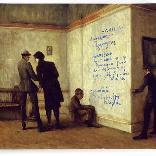 Prompt: a man and a woman solving an escape room puzzle, mysterious markings on the wall, by alfred stevens