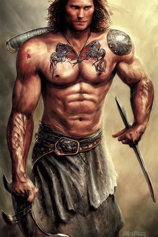 Prompt: front portrait of attractive sam winchester as a viking warrior, clothes torn apart, muscular chest tattooed with runes and symbols, d & d!, fantasy style, sharp focus!, ultra detailed, art by artgerm and peter andrew jones, wlop