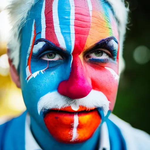 Prompt: A portrait of a man who has face-painting like a clown. Depth of field. Lens flare