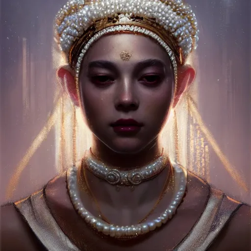 Image similar to a beautiful portrait of a pearl goddess with glittering skin by greg rutkowski and raymond swanland, trending on artstation, ultra realistic digital art